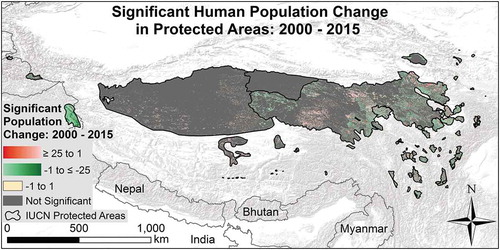 Figure 5. Changes in human population from LandScan inside sixty-nine protected areas on the Tibetan Plateau from 2000 to 2015. The color ramp indicates a significant increase or decrease in population from 2000 to 2015 per 1-km LandScan pixel. Grey areas indicate no significant changes.