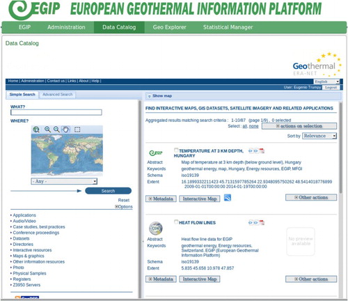 Figure 6. The EGIP metadata catalogue based on the GeoNetwork web interface, accessed through the D4Science web portal for EGIP.