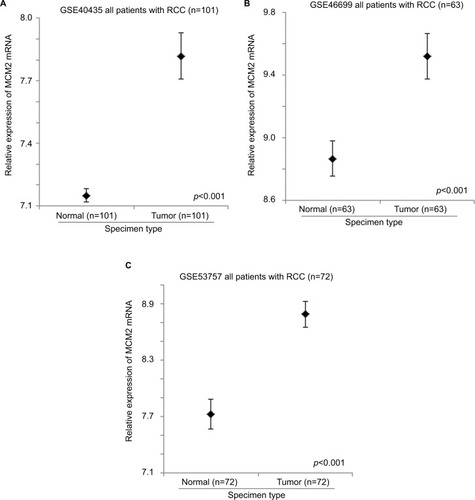 Figure 1 The expression level of MCM2 mRNA in normal and RCC specimens. Error bar plots for the expression level of MCM2 mRNA in normal and RCC specimens in (A) GSE40435, (B) GSE46699, and (C) GSE53757 datasets.