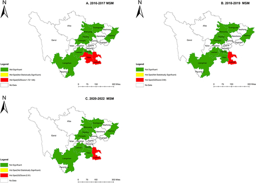 Figure 4 2016–2022 Hot spots of HIV recent cases among MSM at city level by year. (A) Sichuan province, 2016–2017. (B) Sichuan province, 2018–2019. (C) Sichuan province, 2020–2022.