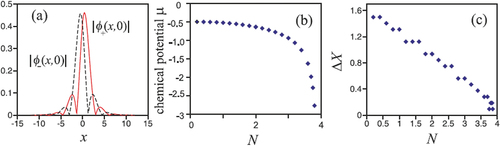 Figure 3. (a) Profiles of components |ϕ+(x,0)| and |ϕ−(x,0)|(as marked near the lines) of a stable MM soliton, shown by means of their cross-sections, for parameters λD=Ω=0, γ=2 in EquationEquations (30)(30) i∂ϕ+∂t=−12∇2ϕ+−(|ϕ+|2+γ|ϕ−|2)ϕ++(λD^[−]ϕ−−iλDD^[+]ϕ−)−Ωϕ+,(30) and (Equation31(31) i∂ϕ−∂t=−12∇2ϕ−−(|ϕ−|2+γ|ϕ+|2)ϕ−−(λD^[+]ϕ++iλDD^[−]ϕ+)+Ωϕ−,(31) ). The total norm of the soliton is N = 3. (b) The chemical potential μof the stable MM vs. its norm N for the same parameters. (c) Separation ΔX between peak positions of |ϕ+(x,0)| and |ϕ−(x,0)| vs. N, for the same parameters. The figure is borrowed from ref [Citation71].