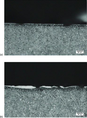 Fig. 10 Optical micrographs (1,000×) of mounted, polished, and Nital-etched metallographic sections through the smear mark on an ES20 inner raceway: (a) transverse section, rolling direction across horizon, and (b) longitudinal section, rolling direction normal to plane of image.