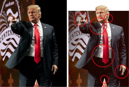 Figure 5. Donald J. Trump comparison.Note: The original photo of Donald J Trump (left) and the edited version of him (right) that he shared on his official Instagram and Facebook accounts and that shows him with elongated fingers, a tightened waistline and higher crotch, a slimmed neck and shoulder, and tightened hair.