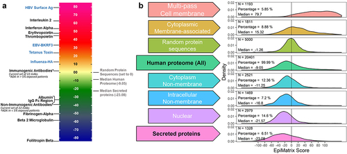 Figure 3. (a)EpiMatrix predicted excess of shortfall in predicted aggregate immunogenicity relative to a Random Protein Standard (per 1,000 9-mer frames analyzed). All scores are adjusted for the presence of tregitopes. *Average of 10 antibodies (VH/VL pairs) known to Induce Anti-Therapeutic Responses in more than 5% of patients, †Average of 10 antibodies (VH/VL pairs) known to Induce Anti-Therapeutic Responses in less than 5% of Patients.(b)Tregitope-adjusted EpiMatrix scores for 20,401 proteins derived from the human proteome (UniProt accession UP000005640) were generated.