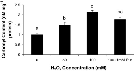 Figure 1. Generation of protein oxidation in Salvinia plants grown under varying concentration (0, 50, 100 µM) and 100 µM of H2O2 supplemented with 1 mM putrescine (100 µM + 1 mM Put). The values are plotted from means (± SE) of replication (n = 3), (P ≤ 0.05).