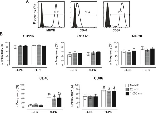 Figure 3 Expression of phenotype and co-stimulatory markers utilizing flow cytometry.Notes: (A) CD11b+/CD11c+ BMDCs were gated based on their relevant isotype controls. Frequencies of expression of MHCII, CD40, and CD86 (open histograms) were subsequently determined based on their adequate isotype control (solid histograms). (B) Frequencies of BMDCs positive for the phenotypic markers CD11b, CD11c, and MHCII (upper panels) and for the co-stimulatory molecules CD40 and CD86 (lower panels) were analyzed. Results are expressed as Δ frequency = measured sample frequency minus measured isotype control frequency. White bars, no particles; gray bars, 20 nm; black bars, 1,000 nm PS particles. Bar graphs show mean ± SEM; §P<0.05, §§P<0.005 (−LPS versus +LPS); n=4 (CD40 and CD86), n=8 (CD11b, CD11c, and MHCII).Abbreviations: BMDC, bone marrow–derived dendritic cell; LPS, lipopolysaccharide; NP, nanoparticle; PS, polystyrene; SEM, standard error of the mean.