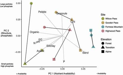 Figure 5. Results of principal component analysis demonstrating variability in soil properties explained by components 1 and 2. The cumulative variance explained by the first two components is 63.5 percent. PC 1 (proportion of variance = 45.1%) is primarily related to soil nutrient availability, and PC 2 (proportion of variance = 18.4%) is related to soil structure (particle size) and phosphate concentration