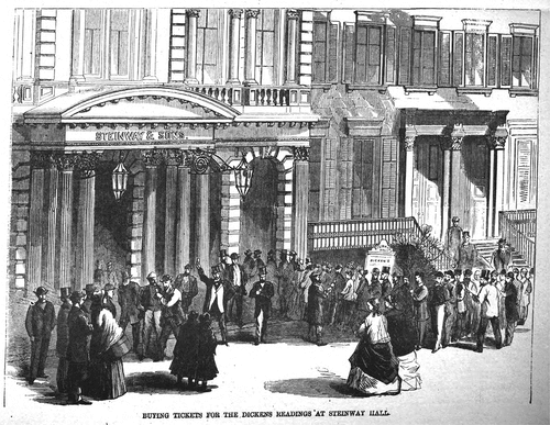 Figure 3. ‘Buying Tickets for the Dickens Readings at Steinway Hall’, Harper’s Weekly (December 28th Citation1867a, 829).