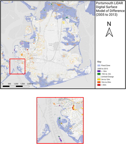 Figure 6. Portsmouth 2005 and 2013 LiDAR DSM comparison. Southwest Portsmouth extract is inset (OpenStreetMap).