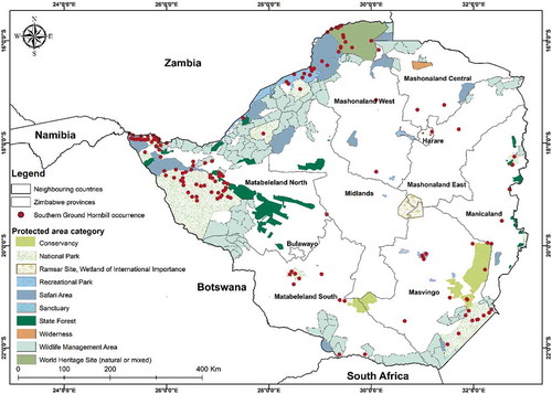 Figure 2. Location of protected areas in Zimbabwe. The red dots show the distribution of the SGH collated over many years through the global biodiversity information facility (GBIF). The map was developed using QGIS software (https://www.qgis.org/en/site/)
