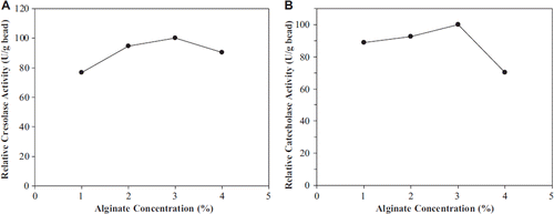 Figure 1. The effect of alginate concentration on cresolase (A) and catecholase (B) activities.