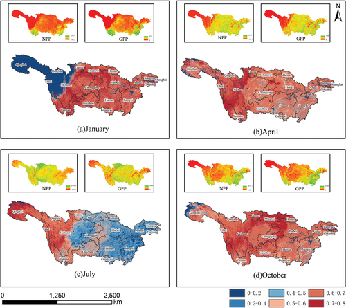 Figure 5. The vegetation carbon utilization rate results for typical months in the Yangtze River Basin in 2020. (a) Is for January (winter). (b) Is for April (spring). (c) Is for July (summer). (d) Is for October (autumn).
