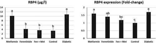 Figure 3. Effect of metformin and fenretinide on retinol-binding protein 4 (RBP4) in STZ-induced diabetic rats. RBP4: retinol-binding protein. The fold-change was calculated through imageJ pixel analysis in comparison to the corresponding GAPDH expression. Fen, Fenretinide; Met, Metformin. Data are expressed as mean ± S.E. Values with different letters (a, b, and c) are statistically different (p < 0.05).