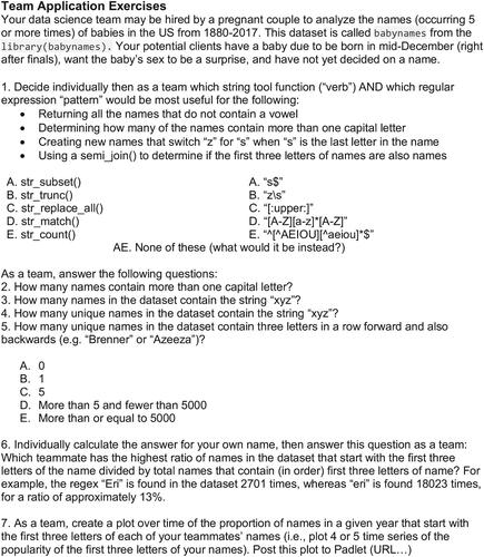 Fig. 2 An example team application exercise is shown with warm-up exercises (question 1), scaffolding exercises (2–5), and final exercises (6–7).