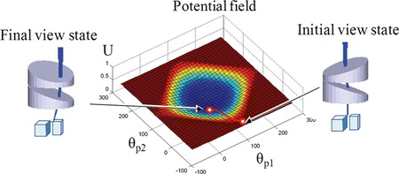 Figure 14 Simulation for occlusion by two objects when the acceptable occlusion level L ac  = 0.5, considering the angle limit of the real system. The view angles for the initial view is ϕ = 0°, γ = 0°. The view angles for the final view is ϕ = 12.4°, γ = 6.53° (color figure available online).