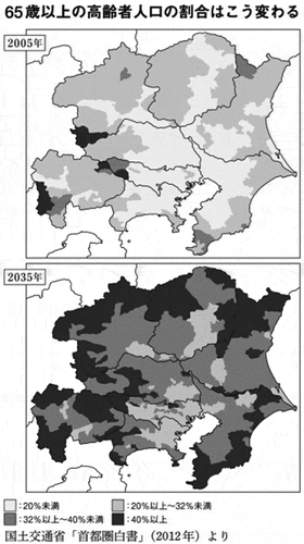 Figure 3. The map of the National Capital Region shows the increase in the number of people aged 65 and over from 2005 to 2035. The darkest colour indicates that 40% of the population is over 65. Kawai (Citation2017, 128). Copyright Kodansha, reproduced with permission.