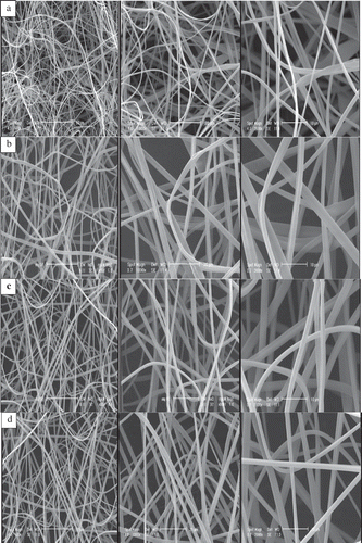 Figure 2. SEM images of vitamin E-loaded dextran nanofibres: (a) 1.25 and (b) 1 g/ml dextran under 15 kV, and (c) 1.25 and (d) 1 g/ml dextran under 13 kV with magnifications of 500, 1000 and 2000× from left to right.