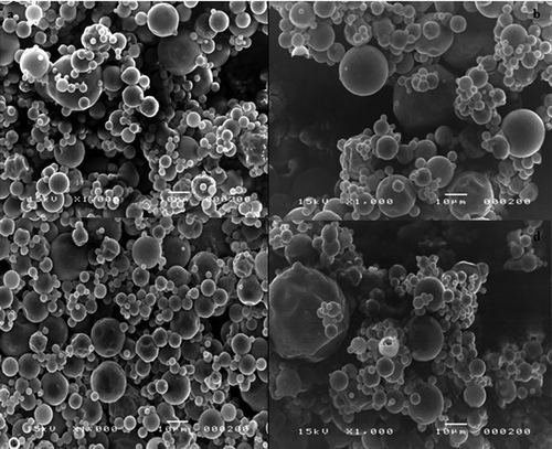 Figure 4. SEM micrographs of soy sauce powder produced using different feed flow rates. (a: 19 g/min, b: 27 g/min, c: 35 g/min, d: 43 g/min; inlet air temperature 160°C, atomization air flow rate 4 m3/h.)Figura 4. Micrografías SEM de las salsas de soja en polvo producidas utilizando diferentes niveles del flujo de alimentación (a: 19 g/min, b: 27 g/min, c: 35 g/min, d: 43 g/min, temperatura del aire de entrada 160°C, aire de atomización 4 m3/h).