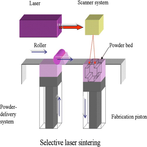 Figure 6.  Scheme of selective laser sintering (SLS) technique. The laser selectively fuses powdered material by scanning cross-sections generated from a 3D digital description of the part on the surface of a powder bed. After each cross-section is scanned, the powder bed is lowered by one layer thickness, a new layer of material is applied on top, and the process is repeated until the part is completed.