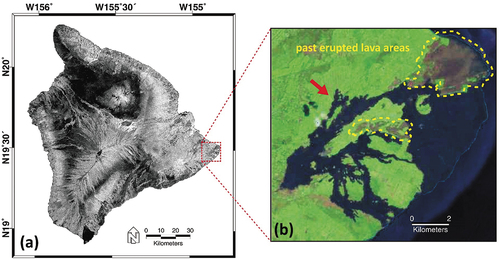 Figure 1. Map of the study area. (a) amplitude synthetic aperture radar (SAR) image of the sentinel-1 ground range detected (GRD) product collected on November 17, 2016 depicting hawaii’s big island. The red dotted rectangle denotes the area of interest located in the eastern part of the east rift zone (ERZ). (b) the optical image of multispectral Landsat-8 operational land imager (OLI) in February 2019 shows the lava flow area (courtesy of United States geological survey; USGS). The yellow dotted polygons indicate previously erupted lava, and the other darker areas (red arrow) were created by the lava flow during the volcanic eruption in 2018.