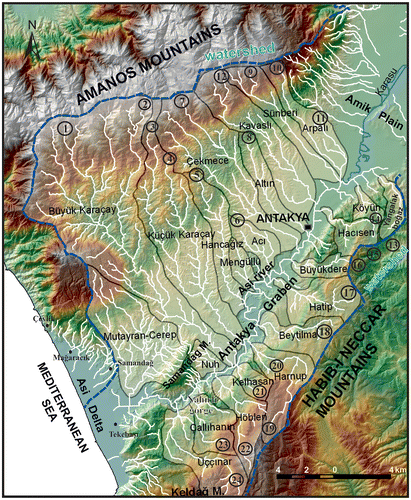 Figure 12. The drainage network in the Antakya Graben. The encircled numbers show tributaries, the longitudinal profiles of which appear on Figure 13.