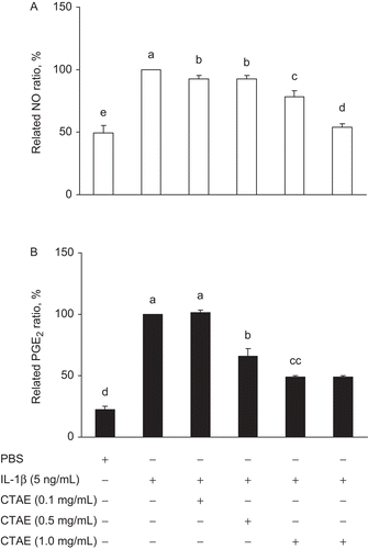 Figure 1.  Effects of C. taiwanianum T. Yamaza rhizome aqueous extract (CTAE) on (A) NO and (B) PGE2 productions in IL-1β-induced NRK-52E cells. NRK-52E cells were treated with IL-1β (5 ng/mL) alone or with various concentrations of CTAE (0.1, 0.5, or 1 mg/mL) for 18 h, respectively. The production of NO (78%) and PGE2 (49%) were significantly decreased after 1 mg CTAE combined IL-1β treatment, as compared with IL-1β control group (100%). Data are the means ± SD from three or five independent experiments. Values not sharing the same letter are significantly different (P < 0.05).