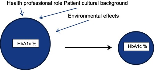 Figure 1 The arrow shows the remarkable reduction of HbA1c % in the favourable condition of full compliance, where the patient maintains a passive role.