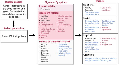 Figure 1. Conceptual model revised according to clinician interviews. Concepts included in preliminary conceptual model are in black text. Concepts added from clinician interviews are in red text. Concepts included in the preliminary conceptual model but revised following clinician interviews are in blue text. Symptoms were assigned to ‘disease-related’, ‘treatment-related’, or ‘disease or treatment-related’ based on their assignment in the preliminary conceptual disease model or based on answers given by clinicians during concept elicitation interviews. AML: acute myeloid leukemia; HSCT: hematopoietic stem cell transplant.