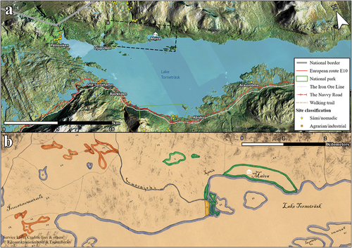 Figure 4. (a) the Torneträsk region with archaeological sites registered in KMR. Sámi and undefined nomadic sites are marked with yellow circles whilst agrarian and industrial sites are marked with orange squares. (b) The section of a land from a surveyor’s map (25-kij-18:66) covering the Maiva cabin and its surroundings. Meadows are delimited in green, arable land in yellow, and wetland areas for haymaking in orange. The flatter terrace on which the cabin stands is called Jebrenkedde or Jèbrènkèddē (Wiklund Citation1910, 58), with kèddē or kiedde meaning meadow, camping ground, reindeer corralling/milking ground, abandoned milking ground with ample pasture (Collinder Citation1964, 84). The river west of Maiva is called Snuvrejohka or Snūrijocka and the river east of Maiva is called Jiebrenjohka or Jèbrènjocka. The mountain just north of Maiva is called Jiebrenčorru, which is connected to a larger range consisting of two peaks, Jiebrenčohkka and Láirečorru (Snuoratjåkko and Airavare), which together form the Làìretjohkko (Lerfjället or Clay Mountain).