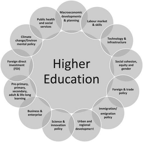 Figure 1. Higher Education at the Centre of a Complex Policy Eco-System. Source: Adapted from Hazelkorn, Citation2020.