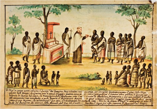 Figure 2. White and striped garments amongst the Christians of Congo as described by Swedenborg. Watercolour on paper by Bernardino d'Asti, The Missionary Administers Baptism Outdoors, c. 1750, 19.5 × 28 cm. Turin: Biblioteca Civica Centrale (MS 457, f. 7r). Photo: Settore Sistema Bibliotecario Urbano della Città di Torino, cited in Fromont, “Common Threads”.