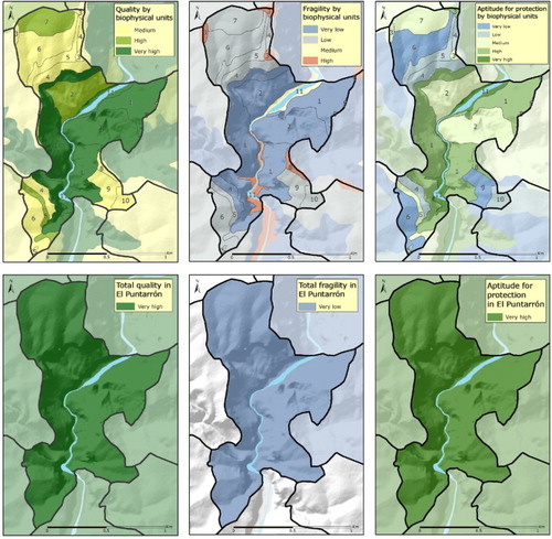 Figure 9. Visual evaluation of quality fragility, and aptitude for protection for El Puntarrón, a model visual landscape unit (VLU), by biophysical units (top row) and aggregated for the VLU (bottom row).