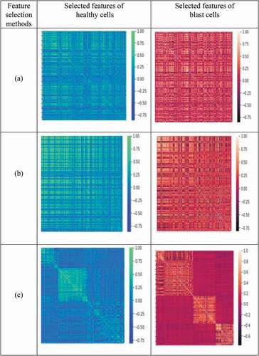 Figure 7. Heat map representation of selected features for healthy cells and blast cells: (a) MI (mutual information), (b) mRmR (minimum recursive maximal relevance) and (c) RFE (recursive feature elimination) based methods.