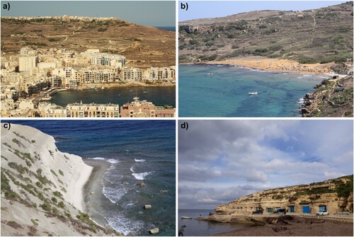 Figure 3. Coastal landscapes of the north-eastern sector of the Island of Gozo: (a) the densely inhabited Marsalforn Bay; (b) the gold-reddish sands of Ramla Bay; (c) coastal clay slopes east of Marsalforn Bay within the Għajn Barrani protected area; (d) traditional boat houses at Dahlet Qorrot Bay.