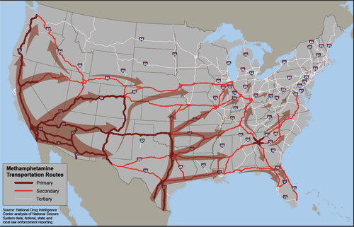 Figure 8. Routes for methamphetamine flows across the US; Source: (USDOJ, Citation2011).