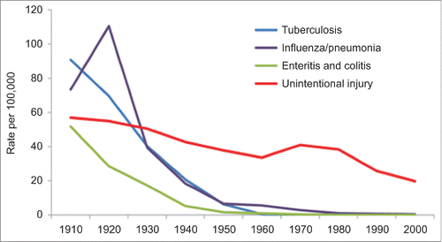 Figure 2. The 1900–2000 Trends in Mortality for People Aged One to 24 Years in the United States. Source: CDC38