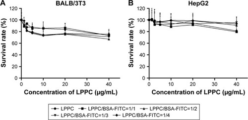 Figure 3 Cytotoxicity of LPPC complexes.Notes: (A) BALB/3T3 and (B) HepG2 cells were treated with LPPC complexed with different weight ratios of BSA for 48 hours. The viability of treated cells was analyzed by an MTT assay. Each data point represents the mean ± SD of three independent experiments.Abbreviations: FITC, fluorescein isothiocyanate; LPPC, liposomes containing polyethylenimine and polyethylene glycol complex.
