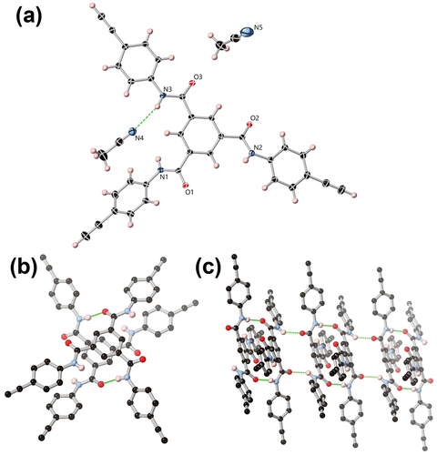 Figure 2. (A) Structure of 7 with heteroatom labelling scheme. ADPs are rendered at the 50% probability level. (B) The combined hydrogen bonding and π···π overlap between two molecules of 7. (C) The extended structure of 7 showing linking of closely held dimers by additional amide···amide hydrogen bonding. Selected hydrogen atoms are omitted for clarity.