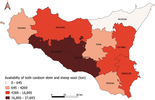 Figure 7. Distribution within Sicily region of both recyclable sheep wool and cardoon stem cellulose-based fibres as potentially reinforcements for bio-composite material.