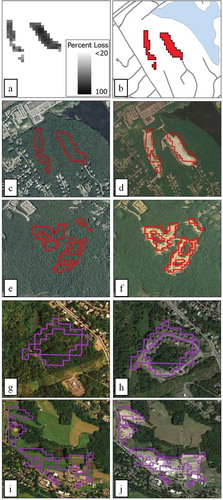 Figure 6. Example of change from to undeveloped to developed land cover isolated through change detection (a). Polygons of new developed land cover (b) are used to extract biophysical and socioeconomic variables specific to the time and place of that patch, e.g. town, area, mean vegetation fraction loss, mean slope, and residential tax rate. The polygon data is also utilized for validation of change detection in Google EarthTM (bubble outlined in red, 2003: c and e to 2006: d and f; bust outlined in violet, 2006: g and i to 2013: h and j). For full color versions of the figures in this paper, please see the online version.