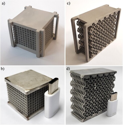 Figure 11. Support frame as a solution for the insufficient strength of green microstructures when scaling up the part size in lithography metal additive manufacturing (exemplified for auxetic and twist metamaterials).