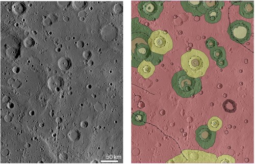 Figure 5. Example area of intermediate plains in H06. Intermediate plains show a less rough texture and are less cratered than intercrater plains. Basemap: 166 m/pixel BDR mosaic in equirectangular projection. Notes: An example of intermediate plain as shown in BDR mosaic and corresponding geological map of the same view.