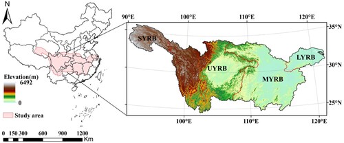 Figure 1. The location of the YRB in China and the elevation of the YRB.