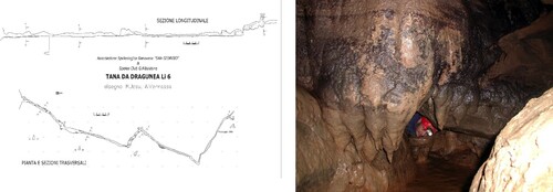 Figure 5. Layout, section and internal image of the Tanna da Dragunea cave (from Ligurian Speleological Cadastre).