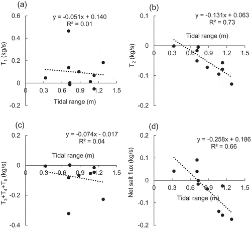 Figure 11. Correlation of salt fluxes and tidal ranges at Station A.