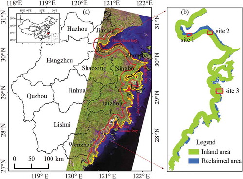 Figure 1. Location of the study area in Zhejiang Province, China. (a) The red line is the outer boundary of the study area. The yellow line is the 1984 coastline defined by visual interpretation of the 1984 Landsat imagery. (b) The regions on the land side and on the bay side of the 1984 coastline are defined as inland area and reclaimed area, respectively. Sites 1, 2, and 3 are wetland, dryland, and forest -dominated ecosystems for characterizing typical land-cover and vegetation greenness change processes. (The color composites using the shortwave infrared, near-infrared, and red spectral bands are from the 2016 Landsat 8 Operational Land Imager images (Path118/Rows 39/40/41)).