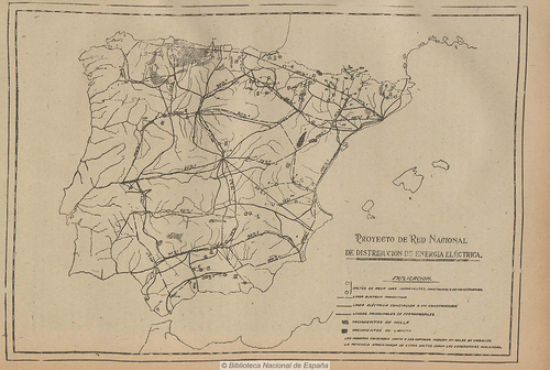 Figure 2. Perez del Pulgar’s national grid project (1920). Image credit: Digital Periodical and Newspaper Library. National Library of Spain. La Energía Eléctrica, no. 7, 10-04-1921, 75: http://hemerotecadigital.bne.es/issue.vm?id=0005258211&search=&lang=en.