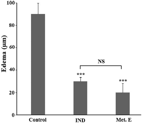 Figure 2. Effect of H. cheirifolia methanol extract on croton oil-induced ear oedema. Mice were treated with 2 mg/ear of methanol extract (Met. E) or 0.5 mg/ear of indomethacin (IND). Control group received sterile saline solution only. Oedema is expressed as mean thickness of ears before and 6 h after croton oil application. Values are expressed as means ± SEM (n = 6). ***p < 0.001; NS: not significant versus control.