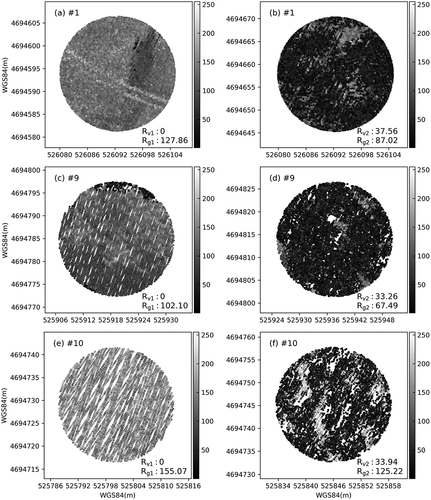 Figure A1. An example intensity image (in raw digital number) for 3 pairs of adjacent footprints (#1, #9 and #10) selected from Figure 2. Left: bare ground returns; right: forest returns. The average return intensity of each footprint is shown in the lower right corner.