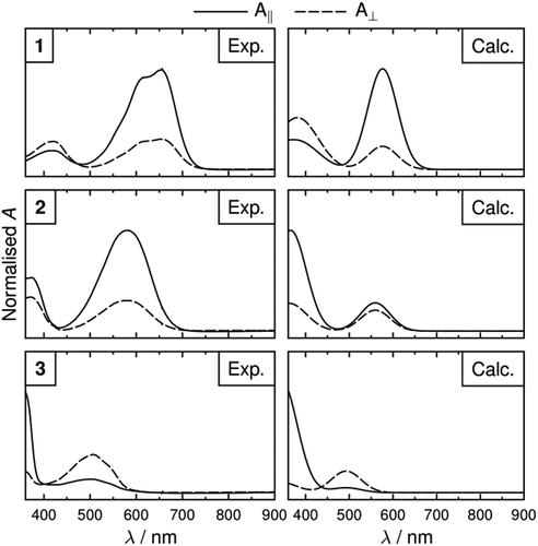 Figure 12. Normalised experimental and calculated polarised UV-visible absorption spectra of the dyes in E7. Calculated spectra were determined using Δλ = 80 nm for each Gaussian band and using calculated dichroic order parameters from the surface tensor axes.